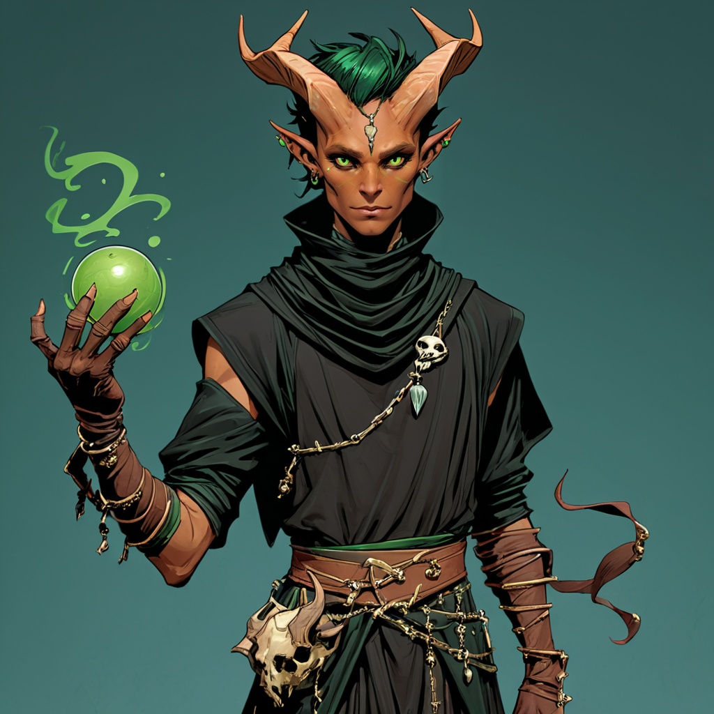 D&D Painterly,  The image shows a man with horns and a green ball in his hand wearing a black dress and holding a green ob...