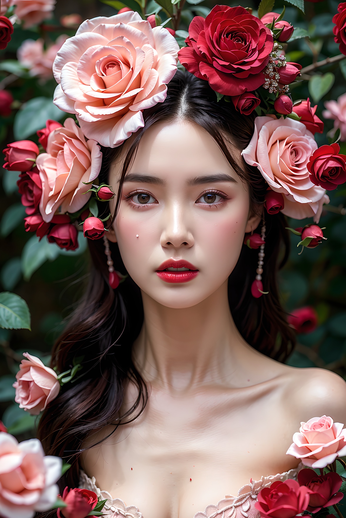 1girl,flower,solo,(Photography blockbuster:1.2),masterpiece,8k,rose,looking at viewer,makeup,red lips,long hair,red flower,petals,red rose,brown eyes,pink flower,lips,collarbone,lipstick, <lora:rose fashion:0.6>,