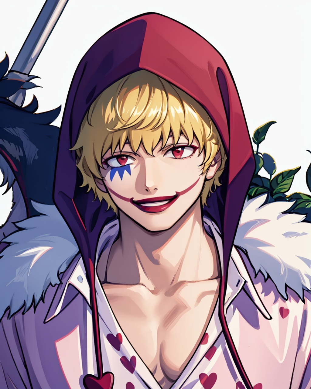 masterpiece,best quality, highly detailed, donquixote rocinante, 1boy, male focus, pink shirt, solo, fur coat, smile, hood, makeup, facial mark, heart print,<lora:donquixote_rocinante:1>