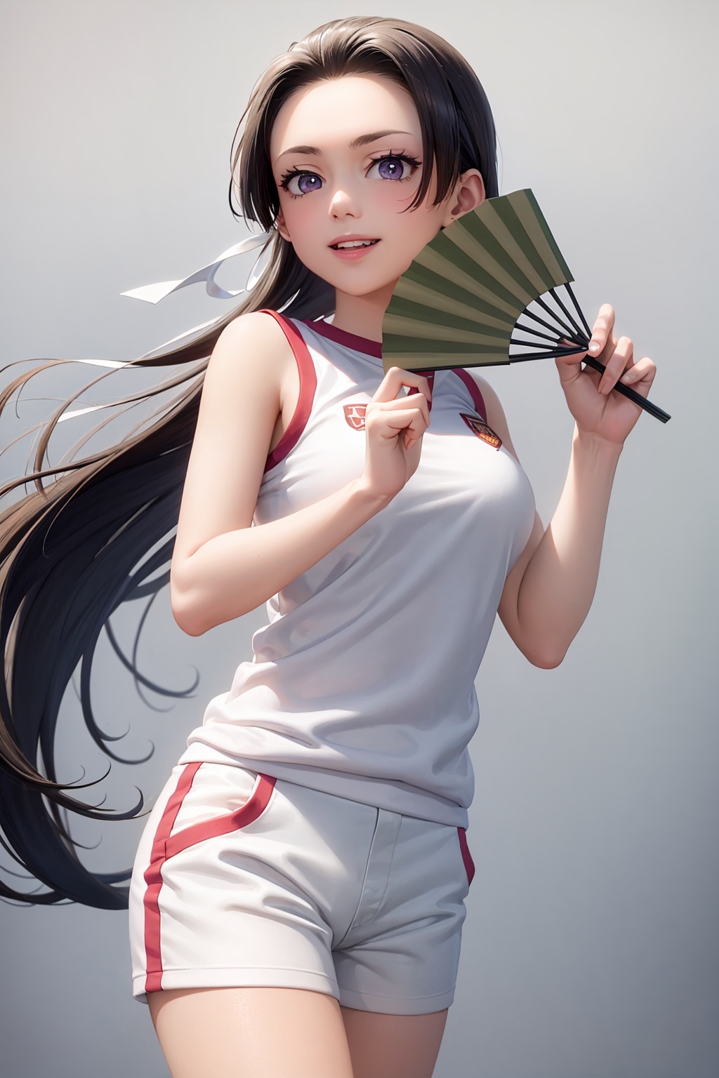 masterpiece, best quality,  <lora:kongoumitsuko:1>,1girl,(ponytail,white ribbon,hair ribbon:1.2),long hair,purple eyes, gym uniform,white shirt,sleeveless,short shorts,white shorts,hand fan,  folding fan, paper fan,cowboy shot, grey background, smile,