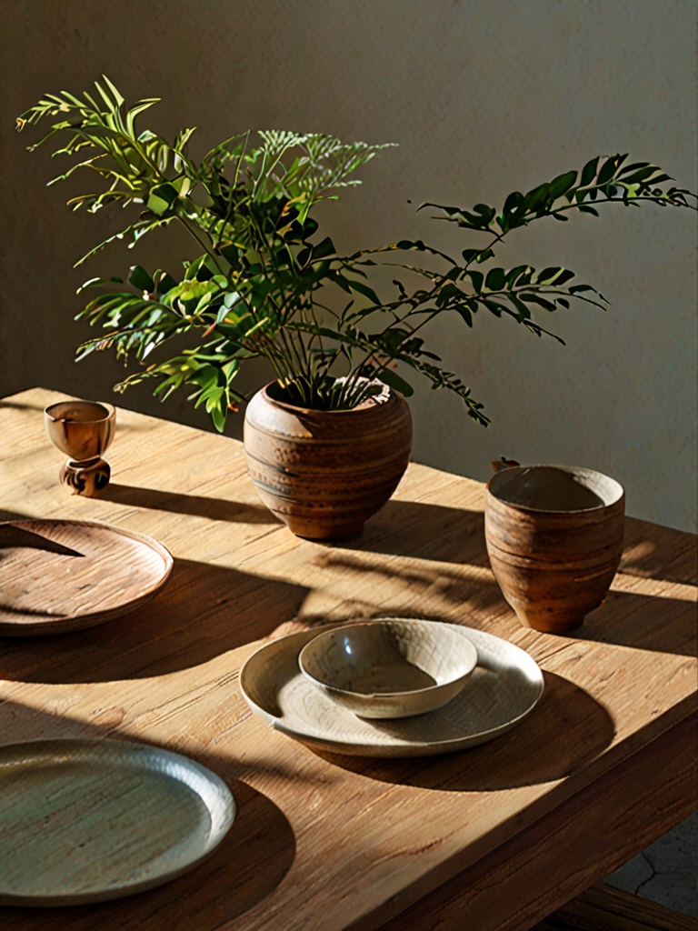 chanyi,table,no humans,cup,wooden table,shadow,plate,plant,杰作,8K,physics based rendering,realistic,<lora:chanyi 1.0-000008:0.8>,
