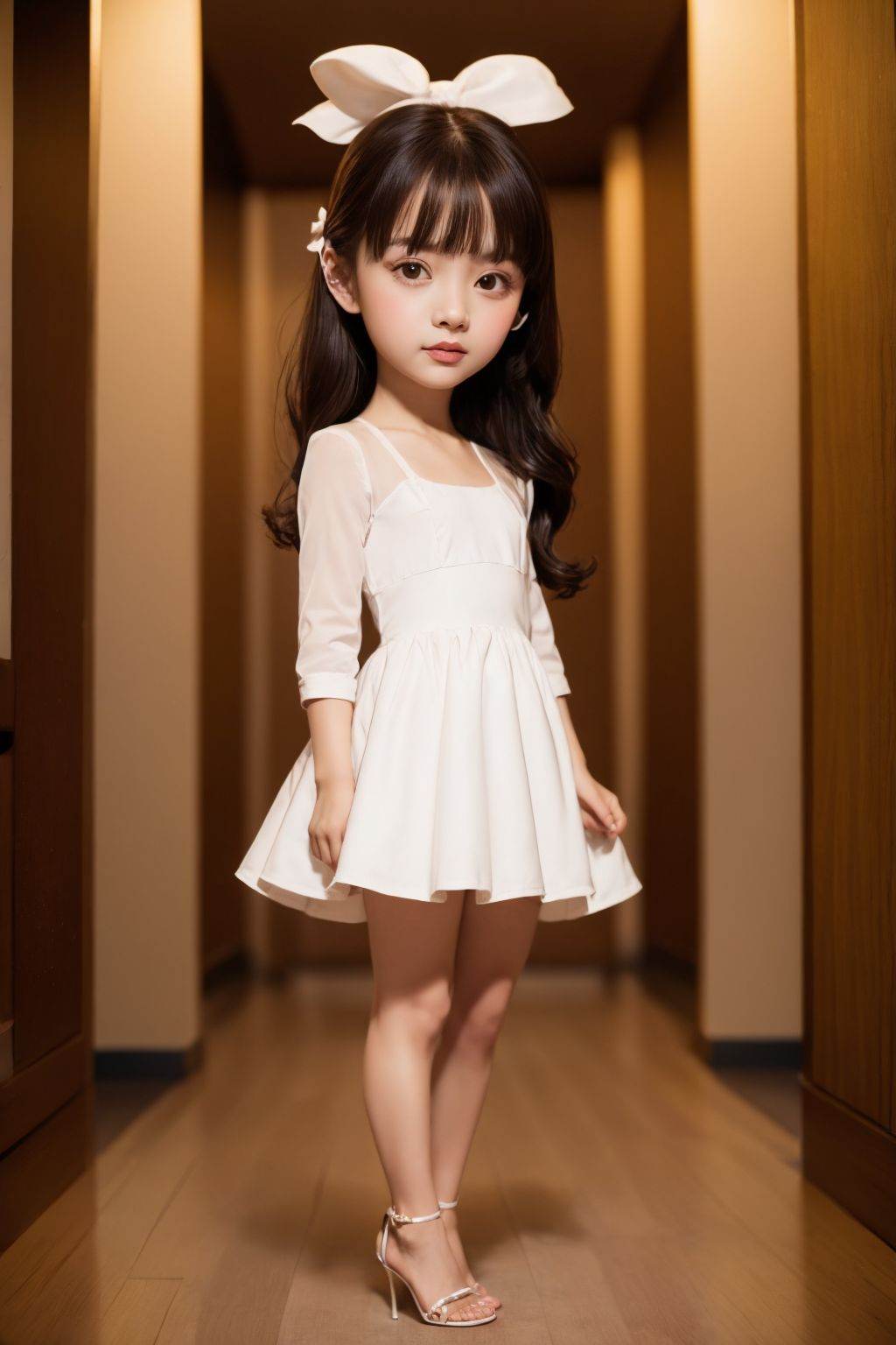 <lora:20250918_AgainChibiCharactersLora10:1>,1girl, solo, long hair, looking at viewer, bangs, black hair, long sleeves, dress, ribbon, brown eyes, standing, full body, hair ribbon, hair bow, white dress, high heels, lips, sandals, realistic, 