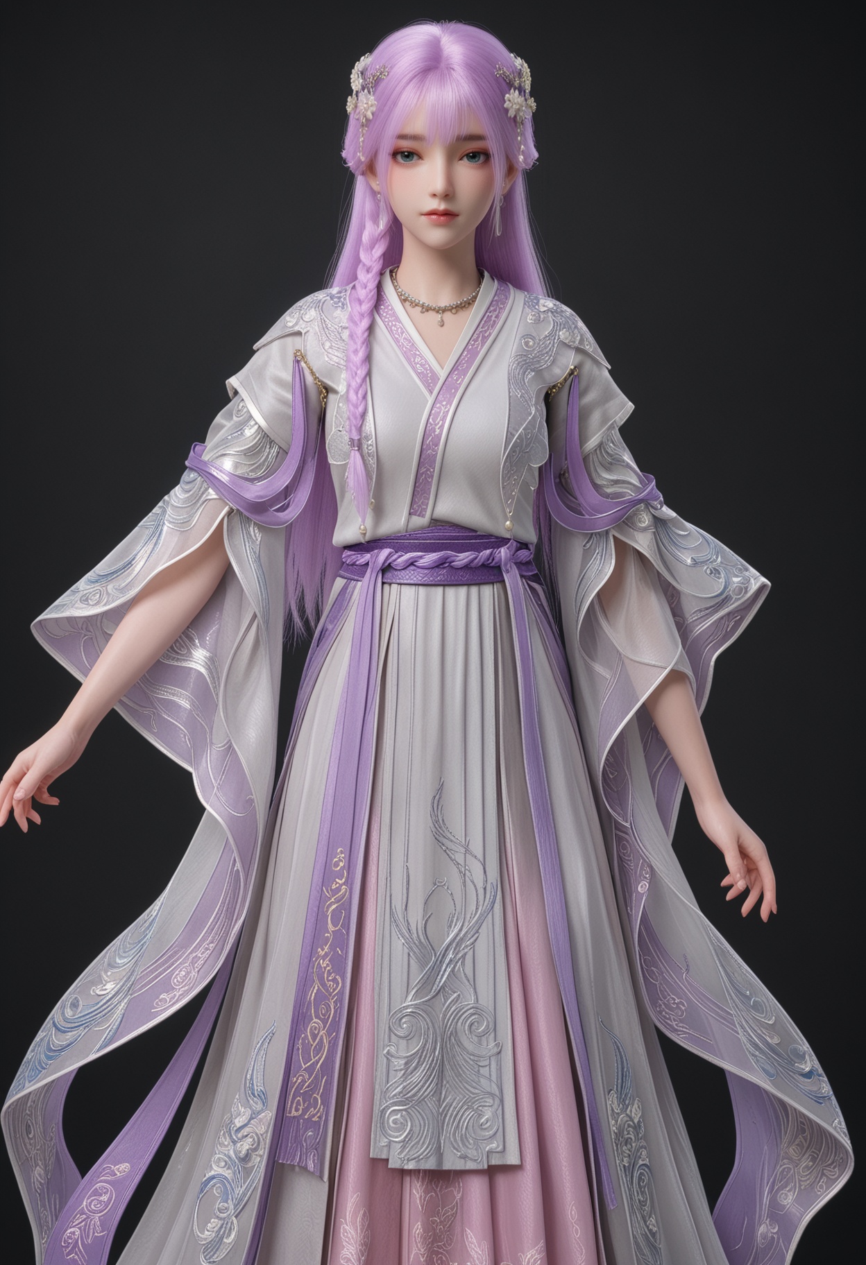 (standing full_body:1.1),score_9,score_8_up,masterpiece,(best quality),intricate details,facing viewer,(looking at viewer:1.1),<lora:YQ_pony_tianqiong_shaonv_V4:0.8>,q1528437228,1girl,solo,long hair,purple hair,jewelry,hair ornament,earrings,braid,necklace,dress,hair flower,blue eyes,pink hair,chinese clothes,green eyes,side braid,grey eyes,japanese clothes,wide sleeves,long sleeves,sash,robe,BREAKscore_9,score_8_up,masterpiece,(best quality),perfect anatomy,(hourglass),perfect face,(simple background,pure black background,black background:1.1),fair_skin,shiny_skin,Ivory_skin,