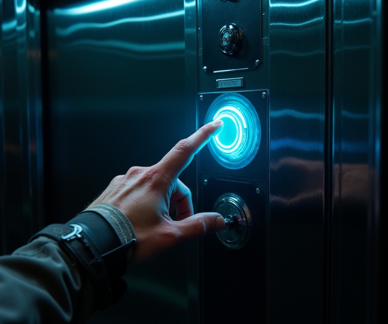 first person pov reaching out finger,  pressing a high tech cyberpunk elevator button on Tensor.Art