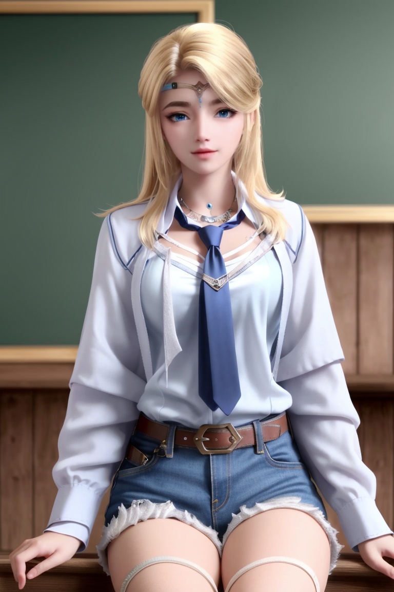((HRD, HUD, 8K)),((masterpiece, best quality)), highly detailed, soft light,1girl, solo, long hair, circlet, blonde hair, blue eyes, lips,(white shirt:1.2), necktie, denim shorts, blurry background, classroom, chalkboard, sitting, cowboy shot, looking at viewer, <lora:20240408-1712537700209:0.7>