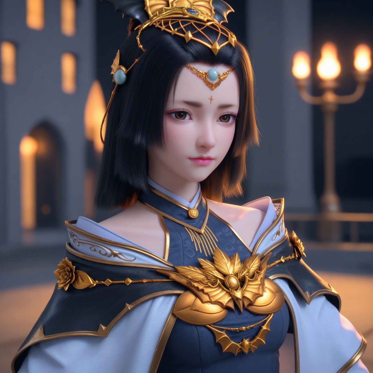 (upper_body:1.1),(huge breasts:0.9),42.<lora:YQponyyaoyueV2-000005:0.8>,q1528437228,solo,1girl,black_hair,long_hair,hair_ornament,realistic,brown_eyes,dress,jewelry,bare_shoulders,black_eyes,gem,long_sleeves,circlet,short_hair,hat,shoes,hair_bun,single_hair_bun,capelet,,blush,(looking_at_viewer:1.1),BREAKintricate details,shiny_skin,solo focus,(blurry background:1.1),(depth of field:1.1),perfect_anatomy,(cinematic lighting:0.9),(volumetric lighting:0.9),(simple background,pure black background,black background:1.1),