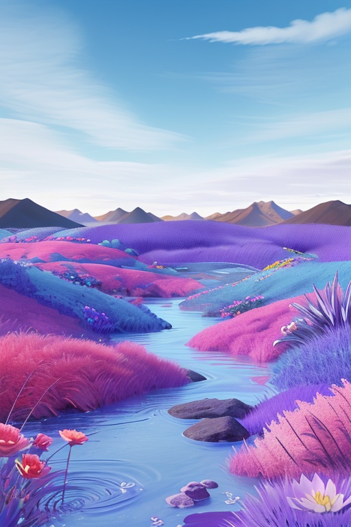 pd_3dcaodi,Outdoor,no humans,landscape,sky,flowers,blue sky,mountains,water,rocks,purple blue grass,<lora:PD_3Dcaodi_V1-000014:0.7>,