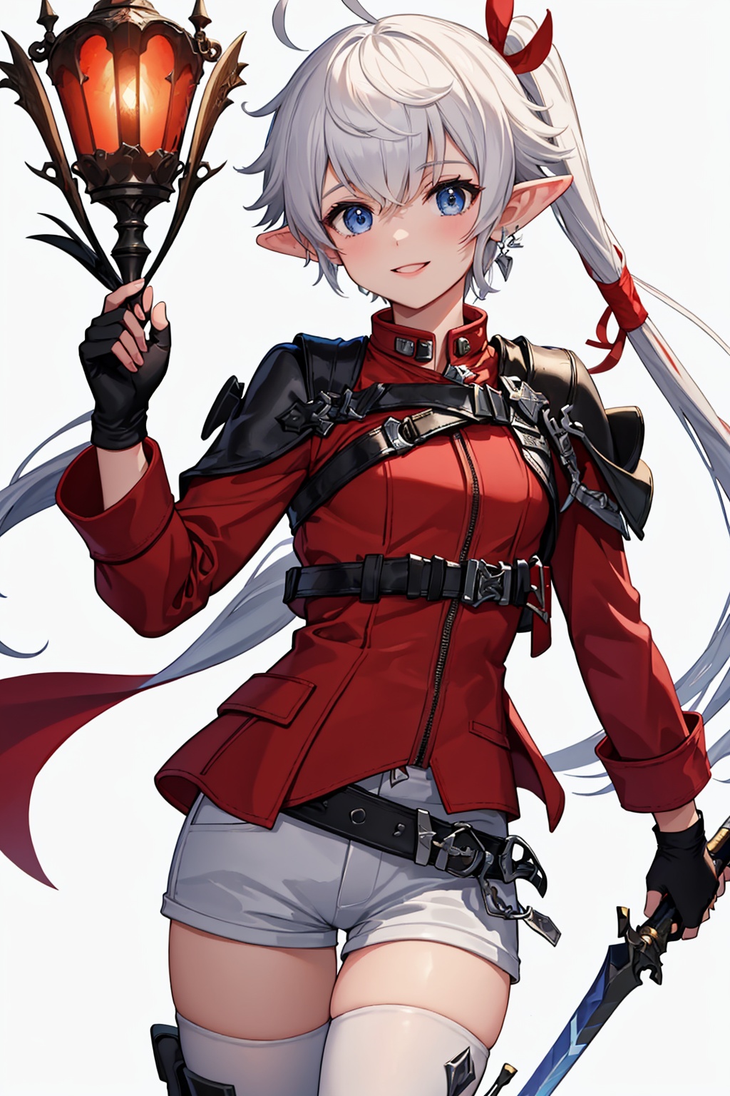 masterpiece,best quality, highly detailed, alisaie leveilleur,1girl, solo, fingerless gloves, elezen, red jacket, looking at viewer, white background, red gloves, smile, floating object, hair ribbon, ahoge, simple background, white shorts, belt, holding sword, long sleeves, thigh boots, white shirt, cowboy shot, white thighhighs, ponytail, hand up,<lora:alisaie_leveilleur:1>