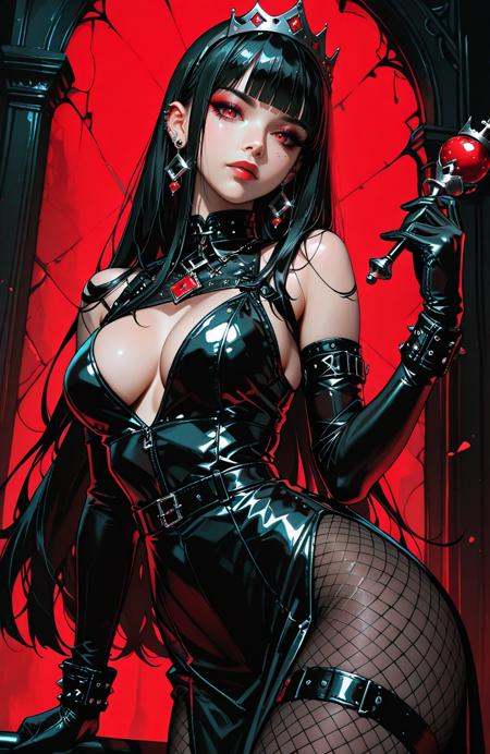 masterpiece,best quality,high quality,newest,highres,absurdres,1girl,solo,red eyes,earrings,jewelry,black hair,crown,breasts,fishnets,holding,long hair,gloves,looking at viewer,cleavage,bangs,piercing,blunt bangs,makeup,black gloves,dutch angle,dark_theme,soft lighting,<lora:Chaotic:0.8>,