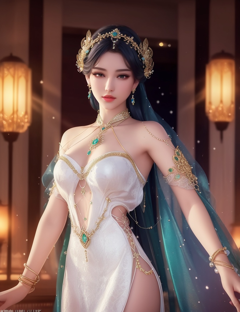 ultra realistic 8k cg, picture-perfect face, flawless, clean, masterpiece, professional artwork, famous artwork, cinematic lighting, cinematic bloom, perfect face, beautiful face, fantasy, dreamlike, unreal, science fiction,  beautiful clothes, lace, lace trim, lace-trimmed legwear,  (rich:1.4), prestige, luxury, jewelry, diamond, gold, pearl, gem, sapphire, ruby, emerald, intricate detail, delicate pattern, charming, alluring, seductive, erotic, enchanting, hair ornament, necklace, earrings, bracelet, armlet,halo((,1girl, pov,))(((,  1girl,  solo,looking at viewer, ))),(((1girl, solo, dress, jewelry)))<lora:DA_WhiteSnakeGreenSnake:0.7>