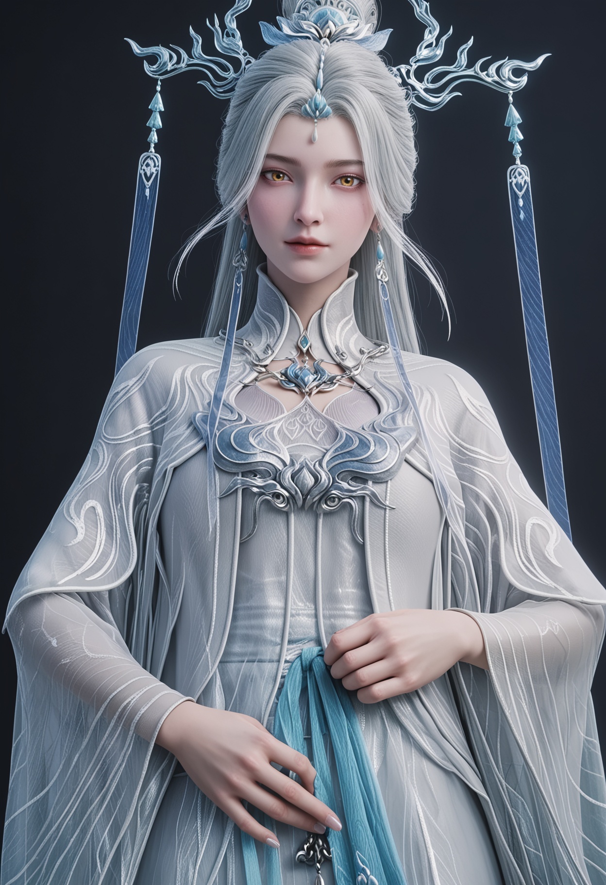 (cowboy shot:1.2),score_9,score_8_up,masterpiece,(best quality),intricate details,facing viewer,(looking at viewer:1.1),<lora:YQ_pony_jianma_fuzhuang2_V4:0.8>,q1528437228,solo,1girl,white hair,long hair,jewelry,hair ornament,earrings,hair bun,chinese clothes,dress,long sleeves,white dress,yellow eyes,wide sleeves,forehead mark,brown eyes,robe,single hair bun,tassel,facial mark,BREAKscore_9,score_8_up,masterpiece,(best quality),perfect anatomy,(hourglass),perfect face,(simple background,pure black background,black background:1.1),fair_skin,shiny_skin,Ivory_skin,