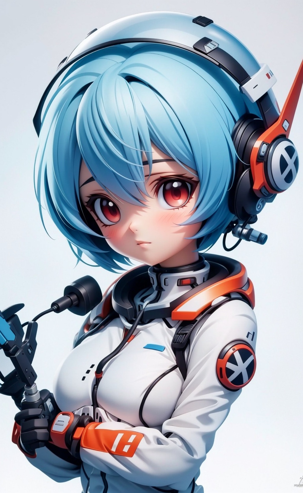 1girl,ayanami rei,solo,blue hair,short hair,red eyes,helmet,plugsuit,bodysuit,science fiction,looking at viewer,cable,holding,gloves,breasts,interface headset,holding helmet,pilot suit,medium breasts,