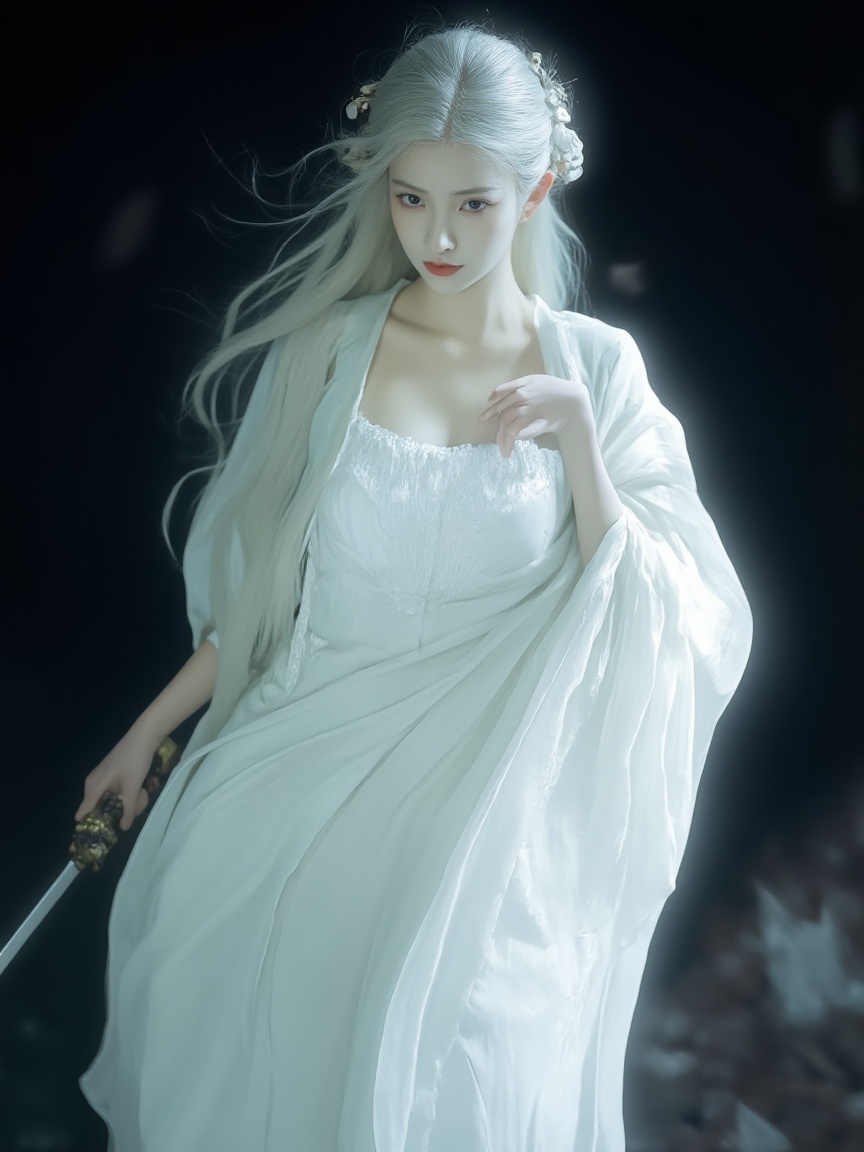neomj,<lora:neomj古风v9_15:1>,A women with white hair and pale skin, wearing a flowing white gown, is holding a sword. The background is dark