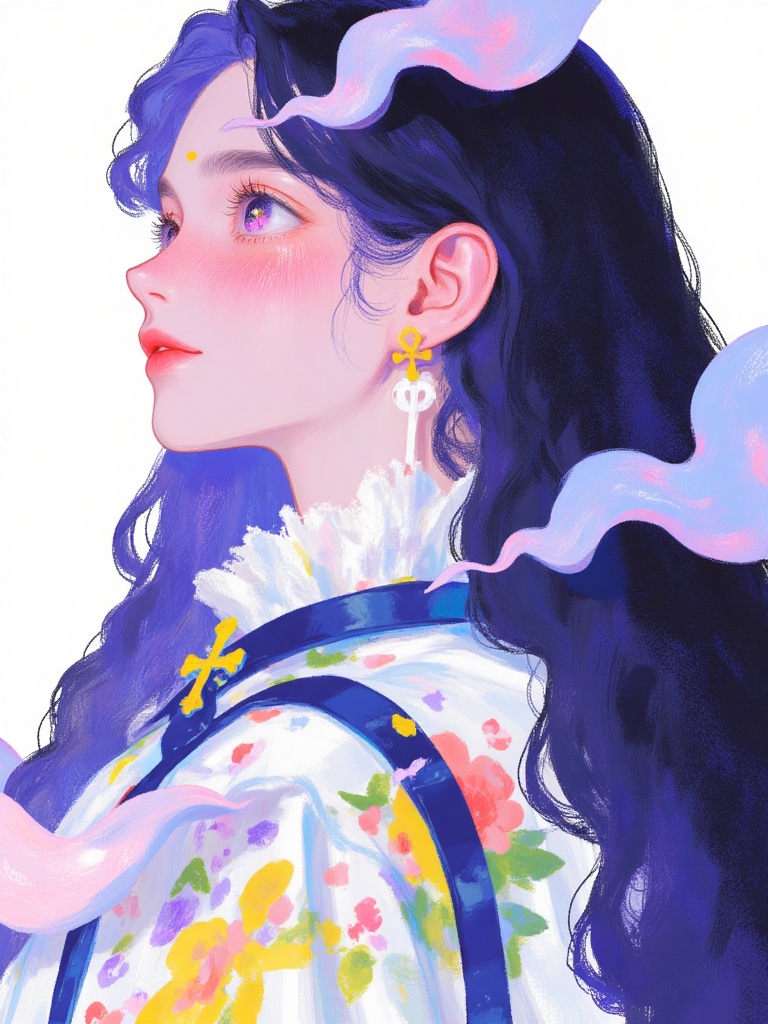 BAI, 1boy, long hair, white background, purple hair, black hair, upper body, sfw, simple background, looking at viewer, cross, parted lips, looking to the side, 1girl, lips, purple eyes, upper teeth, jewelry, blue eyes, teeth, original, earrings, blush, solo focus, bust, long sleeves, looking back, looking back at viewer, profile, hair ornament, collarbone, hair between eyes, from behind 