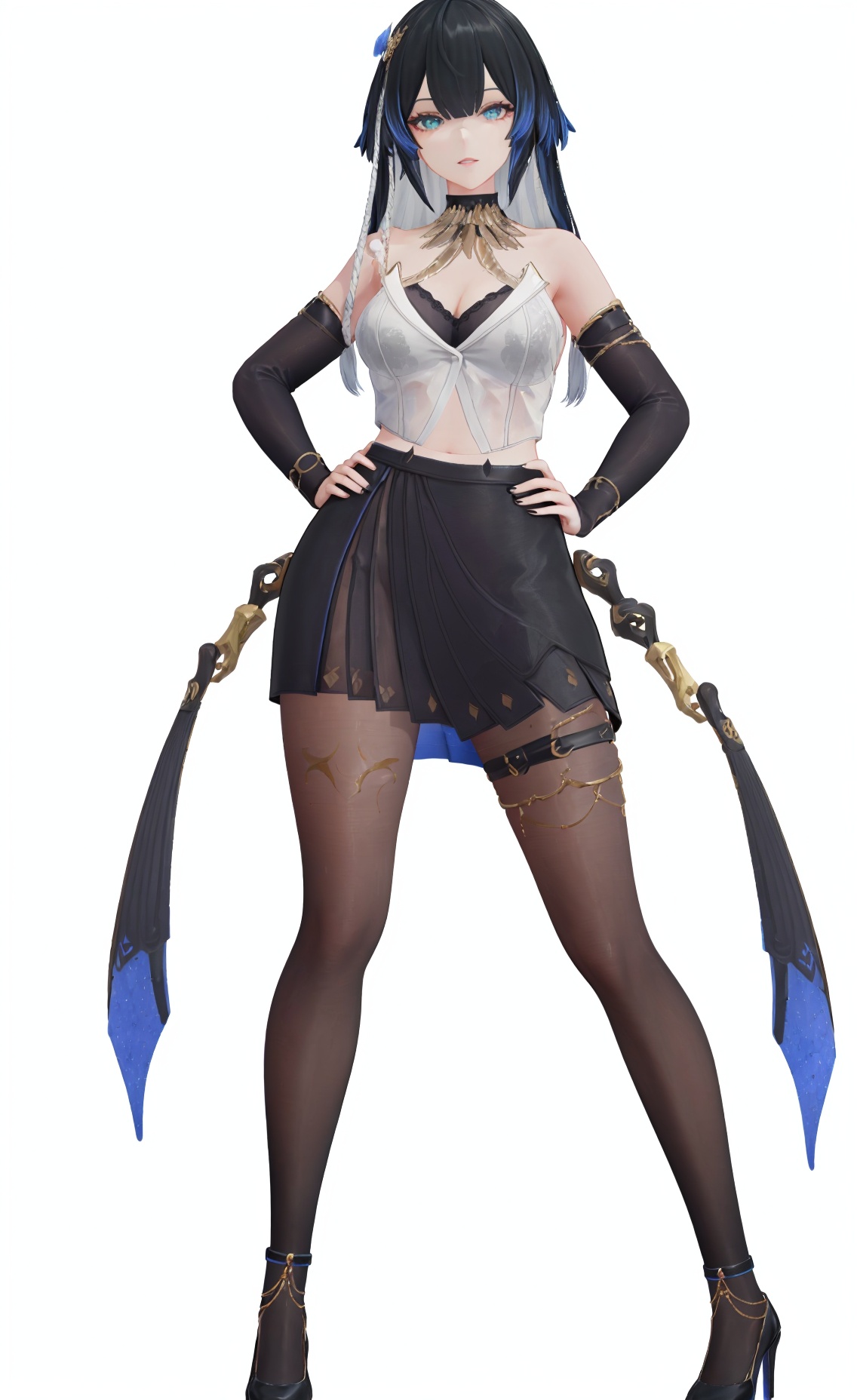 score_9, score_8_up, score_7_up, 8k, best quality, masterpiece, (ultra-detailed), (high detailed skin), (white background:1.6), (full body:1.2), (white background), standing, looking at viewer, (solo:1.2), hands on hips, <lora:Katya-v100:0.8>, Katya, 3rd clothes, mishu, 1girl, pantyhose, skirt, breasts, black hair, multicolored hair, black skirt, long hair, high heels, (beautiful_face), ((intricate_detail)), clear face, ((finely_detailed)), fine_fabric_emphasis, ((glossy)), full_shot, 