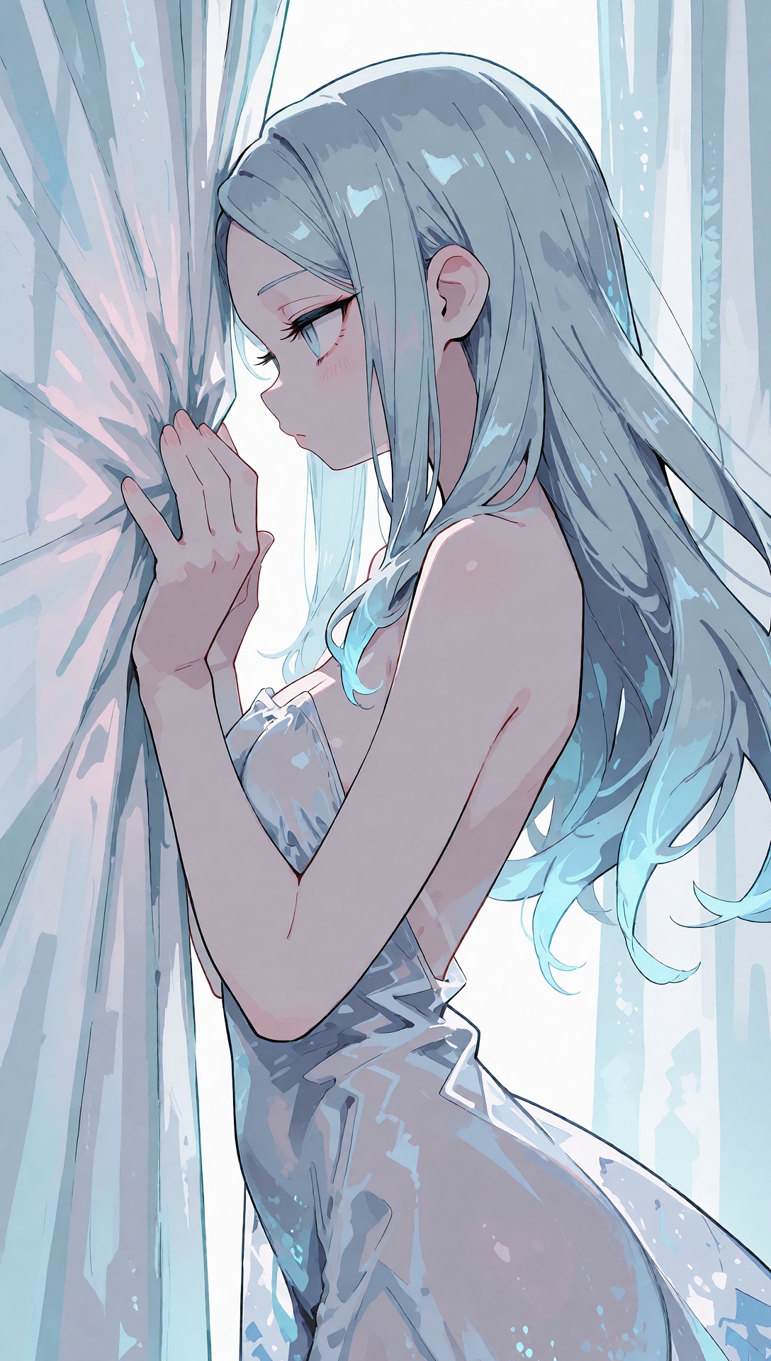 A medium close-up shot of an extremely slender Young ***** woman with long pastel blue hair reaching her waist,  her hair...