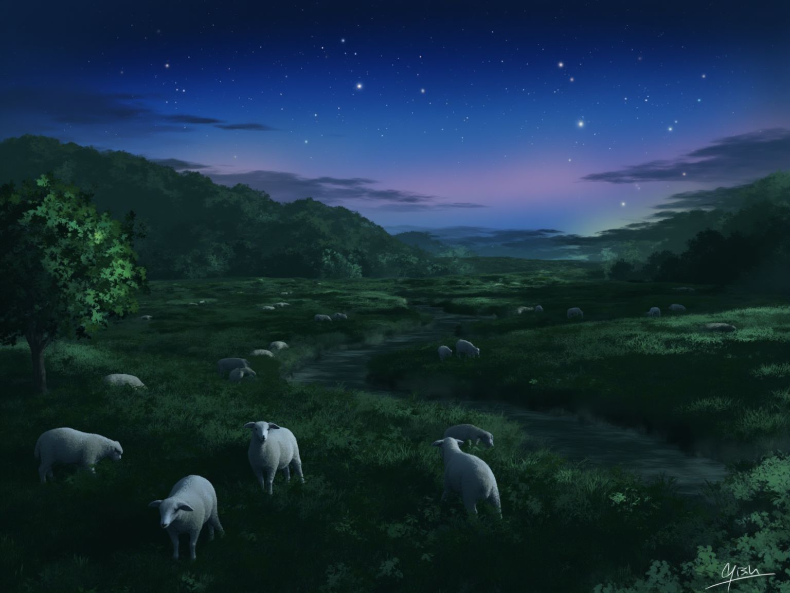 The image is a digital rendering of a lush, green valley bathed in the soft light of twilight. A winding river cuts through the landscape, its waters shimmering under the fading light. Sheep graze on the hillsides, and the distant sound of a shepherd's whistle can be imagined. The sky is a canvas of deep blues and purples, with the first stars of the evening beginning to appear. The overall mood is one of quiet contemplation and the gentle passage of time. <lora:S_BLACKGROUD_:1>