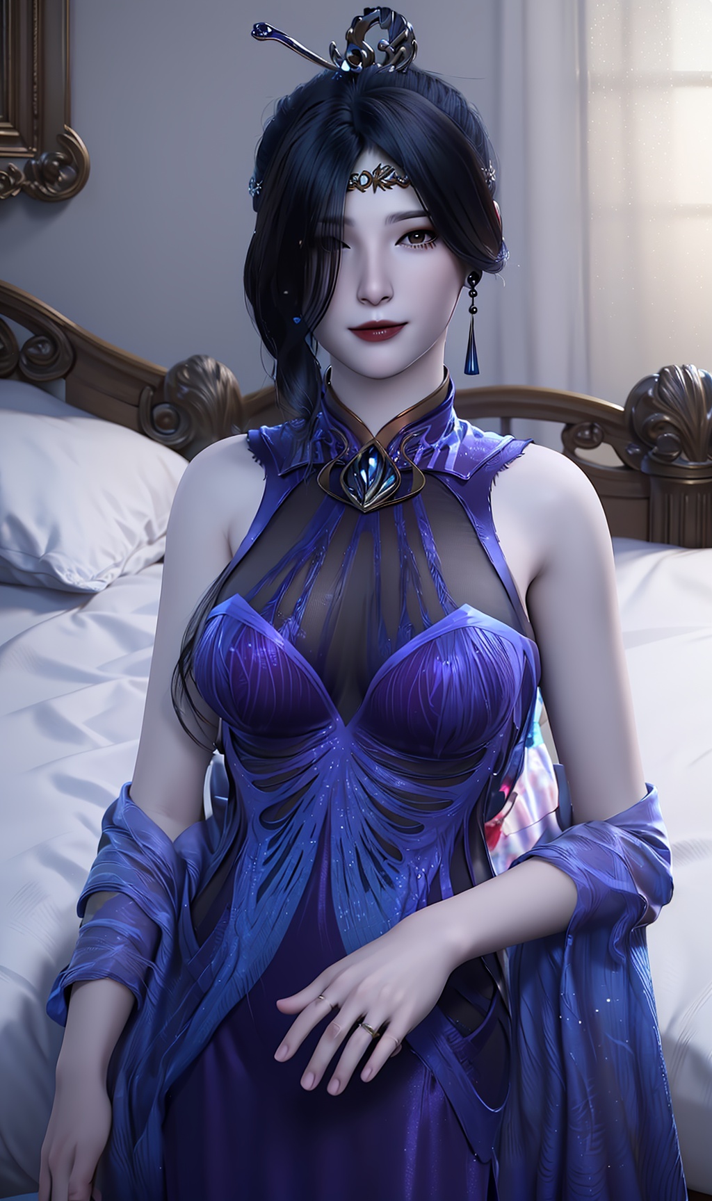 3D,masterpiece,(best quality),(makeup),official art, extremely detailed cg 8k wallpaper,((crystalstexture skin)), (extremely delicate and beautiful),(highly detailed),(face),(tiara),(1girl), (solo), (jewelry), (earrings),(black_hair),(long_hair),(hair_ornament),(handwear),(breasts),(standing),((upper_body)),(closed_mouth),(long_dress),(chinese_clothes),(multicolored_clothes),(multicolored_dress),(shiny_clothes),(city,indoor,bed),,((looking_at_viewer)),((Facing the camera)),, <lora:hipoly3DModelLora_v10:0.3>