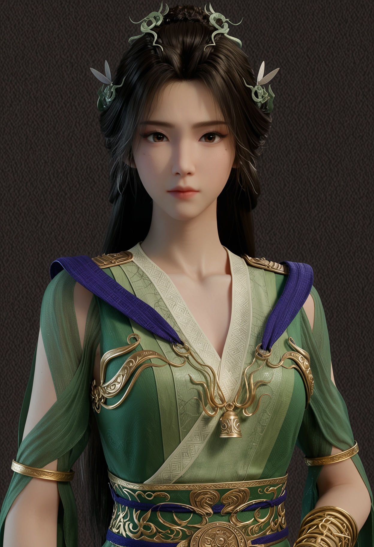 score_9,looking_at_viewer,upper body,(large breasts:0.8),hanyunzhi,1girl,solo,black hair,long hair,hair ornament,green dress,realistic,dress,closed mouth,jewelry,bracelet,chinese clothes,sash,brown eyes,hair bun,boots,(simple background,pure black background,black background:1.1),perfect_anatomy,<lora:QQSponyhanyunzhiV1:0.8>,