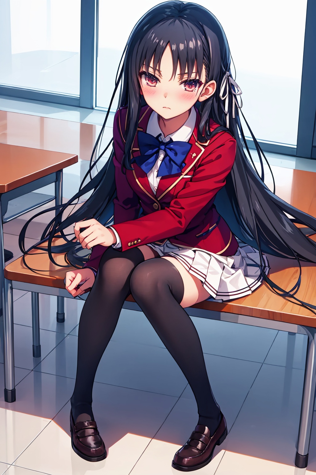 masterpiece,best quality, highly detailed, horikita suzune,school uniform,1girl,looking at viewer,solo,long sleeves,pleated skirt,red jacket,white shirt,white skirt,black thighhighs,white ribbon,collared shirt,blazer,closed mouth,shiny,blush,dress shirt,miniskirt,bowtie,zettai ryouiki,blue bowtie,full body,wing collar,<lora:horikita_suzune:1>