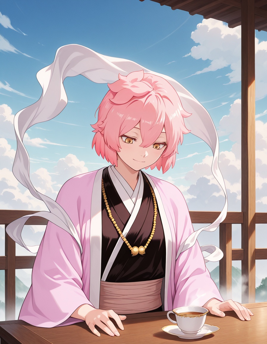 masterpiece, best quality, amazing quality, heaven, sky, cloud,looking down, solo, table, teacup, steam, light smile,<lora:tao_fa-jigokuraku_s2-ixl-anime-soralz:1>, tao fa (jigokuraku), short hair, pink hair, fluffy hair, hair between eyes, yellow eyes,japanese clothes, bead necklace, hagoromo, pink haori, black kimono, long sleeves, wide sleeves, obi,androgynous, <lora:StS-Illustrious-Detail-Slider-v1.0:3>