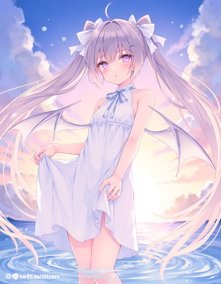 1girl, solo, dress, twintails, wings, long hair, wading, sleeveless, very long hair, white dress, looking at viewer, outdoors, water, purple eyes, sky, sleeveless dress, bare shoulders, demon wings, cloud, bare arms, blush, water drop, small breasts, sunset, skirt hold, breasts, ribbon, twitter username, standing, demon girl, wet, floating hair, hair bow, neck ribbon, bow, parted lips,  <lora:rurudo_lora_v2_trigger_word_rurudo:1>