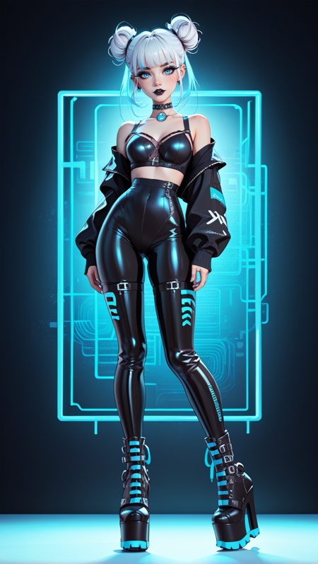 score_9, score_8_up, score_7_up, nsfw,cyber-goth woman, 28yo, large cyan blue eyes, white hair in twin buns with black streaks, sheer black bodysuit with neon accents, industrial background with exposed pipes, blue and violet lighting, platform boots and layered chokers