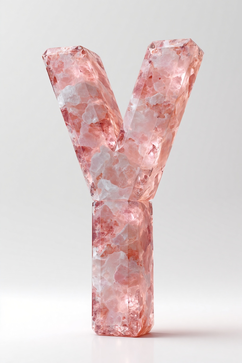 beijihui,3D icon design of letter 'Y', **** of rose quartz with soft pink translucency and faceted surface catching gentle light, hyperrealistic, hyperdetail, front view, studio lighting, 100mm lens, white solid background