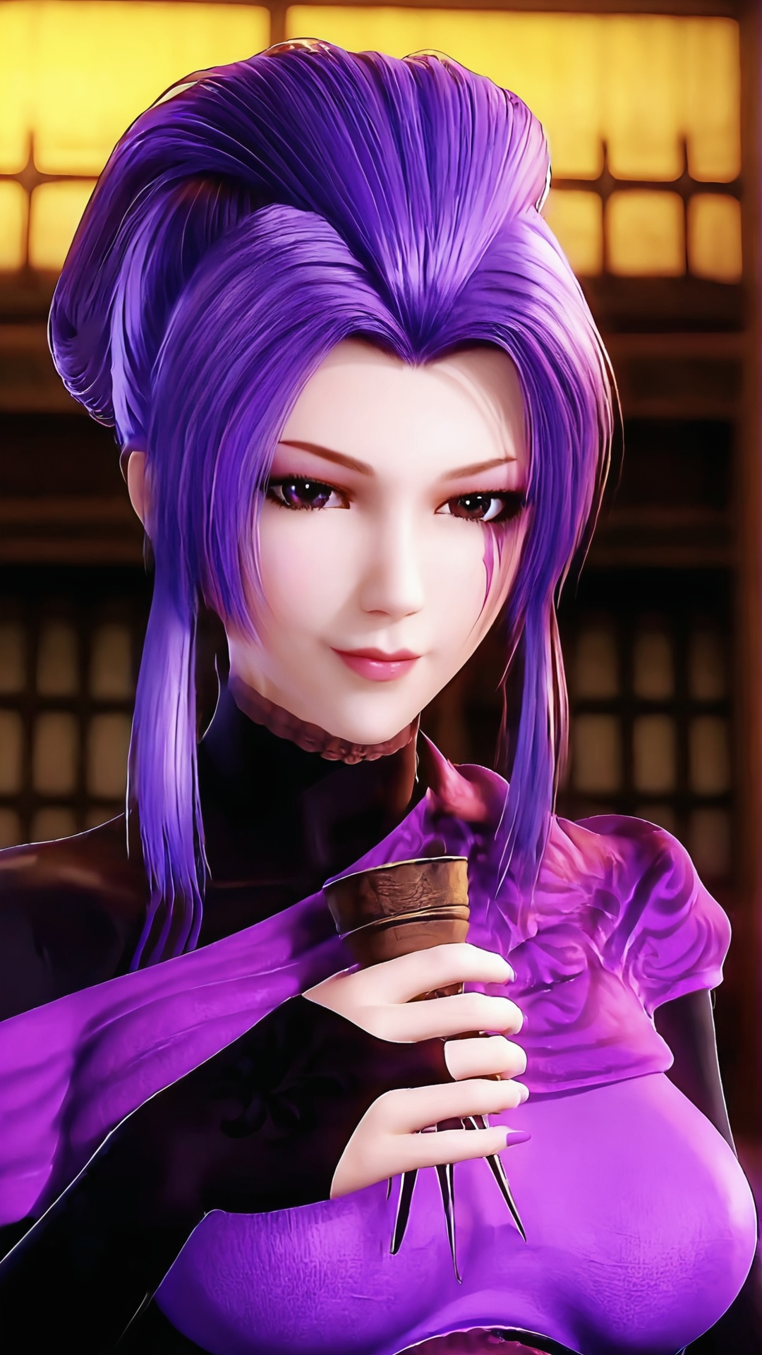 The image is a close-up portrait of a young woman with long, purple hair styled in a high ponytail. She is wearing a purple and black outfit with a high neckline and long sleeves. The outfit appears to be made of a shiny fabric with intricate patterns and designs. The woman is holding a small black object in her hand, which is likely a weapon or a weapon of some kind. She has a serious expression on her face and is looking directly at the camera. The background is blurred, but it seems to be an indoor setting with a wooden structure and string lights. The overall mood of the image is intense and dramatic.,<lora:pony紫女:0.8>,