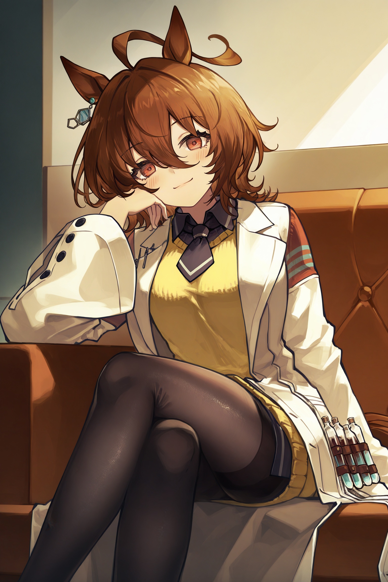 agnes tachyon \(umamusume\),agnes tachyon \(tach-nology\) \(umamusume\),1girl,ahoge,animal ears,black pantyhose,blush,breasts,brown hair,closed mouth,coat,couch,crossed legs,earrings,hair between eyes,head rest,horse ears,horse girl,horse tail,huge ahoge,jewelry,lab coat,long sleeves,looking at viewer,necktie,pantyhose,red eyes,short hair,short necktie,single earring,sitting,smile,solo,sweater,sweater vest,tail,white coat,yellow sweater,yellow sweater vest,<lora:光辉重返未来0.3版本XL-000004:1>,cfwl/zyhf,