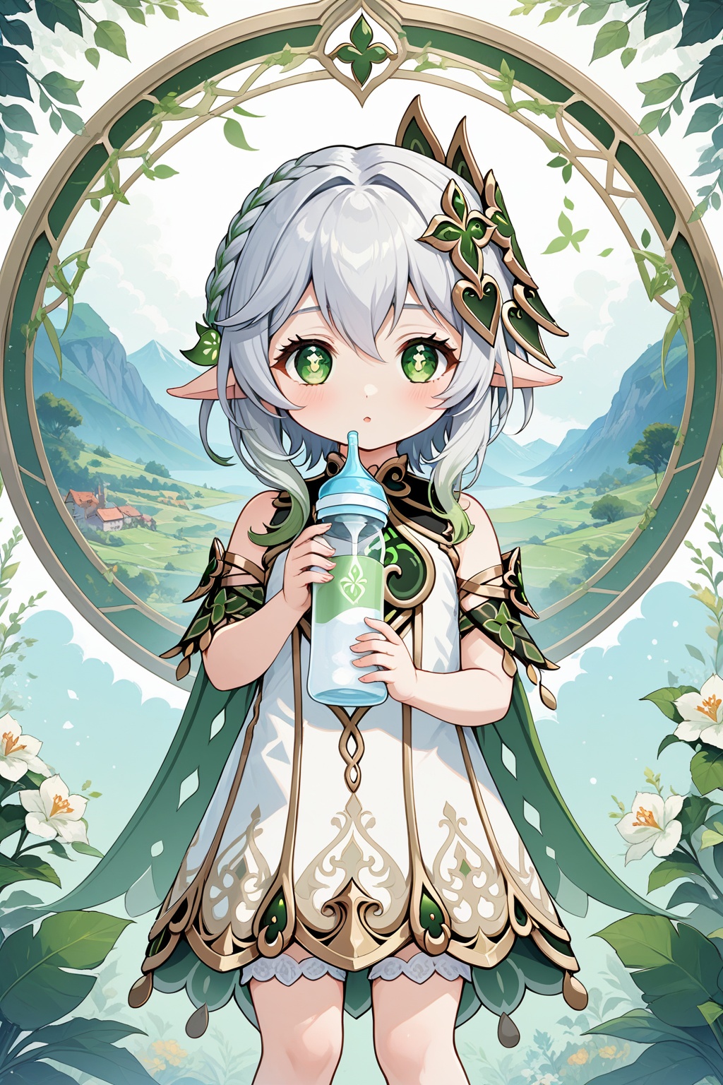 Game cards, exquisite borders, masterpieces, perfect symmetry, golden ratio, solo,NAHIDA\(genshin impact\),portrait,upper_body,highres,baby bottle,baby,White stockings, bare feet, smooth skin,