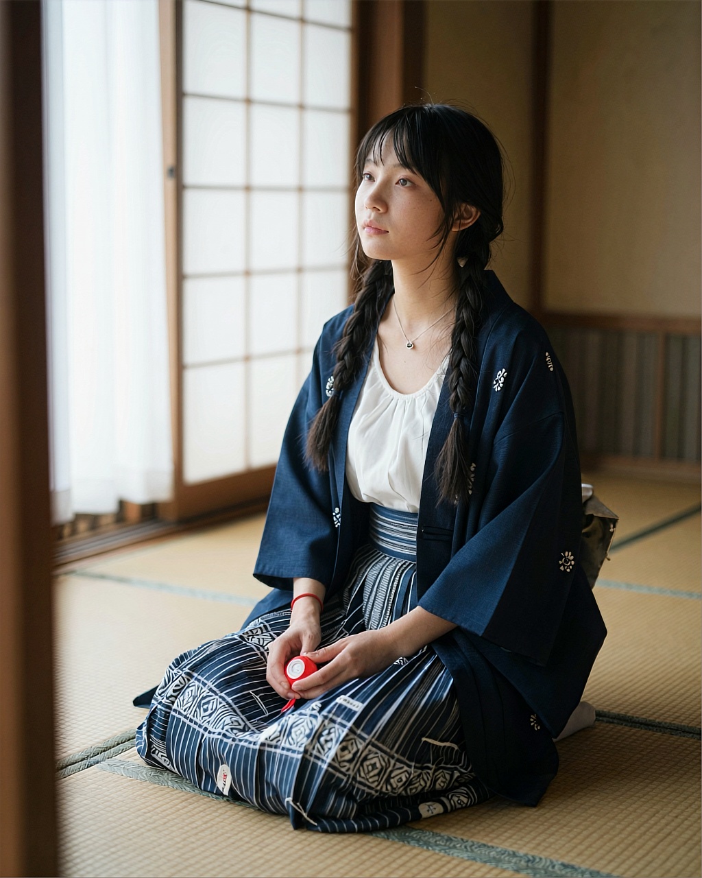 A young East Asian woman sits cross-legged on a tatami mat in a traditional Japanese room with wooden beams and patterned...