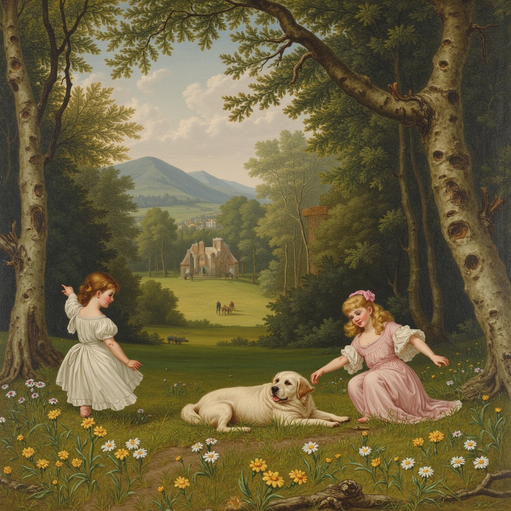 painting of three girls in a forest with a dog,william blake art exhibit,delacroix,Thomas Stothard,girl jumping in a flower field,an american romanticism painting,turner whimsical,swirling scene in forest,Robert Walker Macbeth,Eugene Delacroix,William McTaggart,girl dancing in a flower field,neo rococo expressionist,1 8 3 0 s style painting,painting of wild hunt in the sky,painting of white human figures,3 nymphs circling a fountain,re-raphaelite fairies,william blake and repin,romantic era painting,protagonist in foreground,et in arcadia ego,angel falling to andromeda,1 9 th century scene,impressionism and expressionism,Blanche Hoschedé Monet,in this painting,feral scene,girl running,energetic composition,transformation scene,young women,John Bellany,