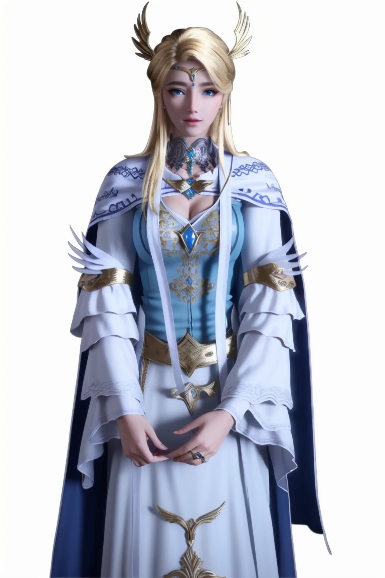 ((HRD, HUD, 8K)),((masterpiece, best quality)), highly detailed, soft light,1girl, solo, long hair, circlet, blonde hair, blue eyes, lips,jewelry, breasts, cleavage,dress, cape, simple background, white background, cowboy shot, standing, looking at viewer,  <lora:20240408-1712537700209:0.73>