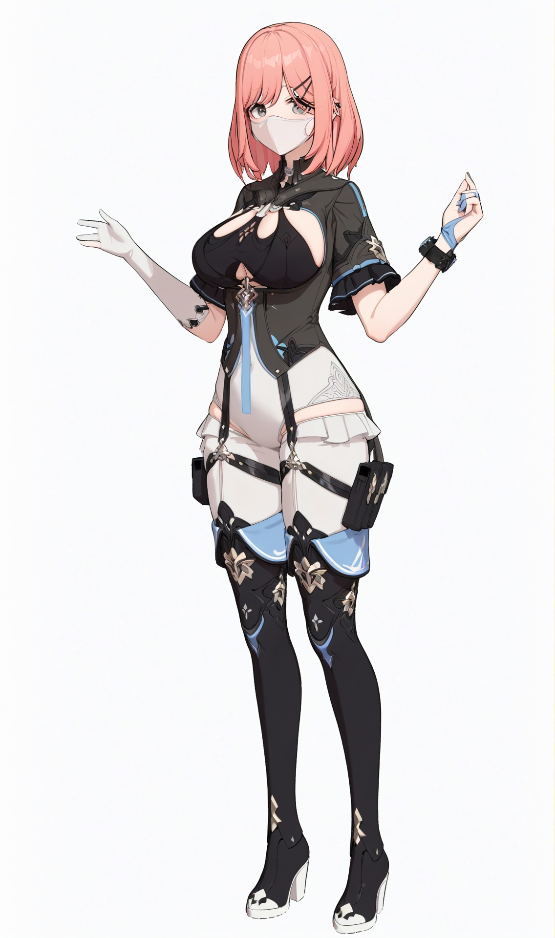 8k, best quality, masterpiece, (ultra-detailed), (high detailed skin), (white background:1.5), (full body:1.2), (white background), standing, looking at viewer, (solo), <lora:Timido-A3-Tanger-000011:0.8>, Timido, def clothes, 1girl, single glove, thigh boots, pink hair, mouth mask, black footwear, thighhighs, boots, breasts, (beautiful_face), ((intricate_detail)), clear face, ((finely_detailed)), fine_fabric_emphasis, ((glossy)), full_shot, 