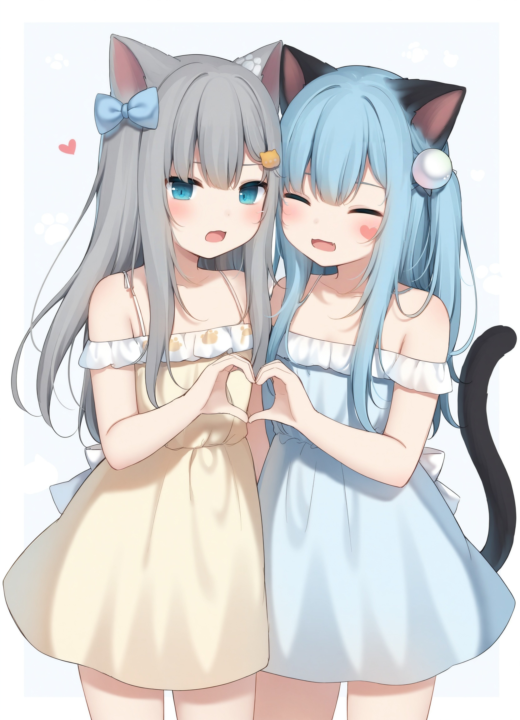 masterpiece, amashiro_natsuki,Nachoneko_\( amashiro_natsuki\),NekohaShizuku_\( amashiro_natsuki\),paw_in_eyes,2girls,blue_hair,grey_hair,blue_eyes,cat_girl,animal_ears,long_hair,hair bow, hair ribbon, cat_tail,heart hands duo,dress, empire_waist, off-shoulder_dress, off_shoulder, spaghetti_strap, yellow_dress,blue_dress,:d,wince,blush,