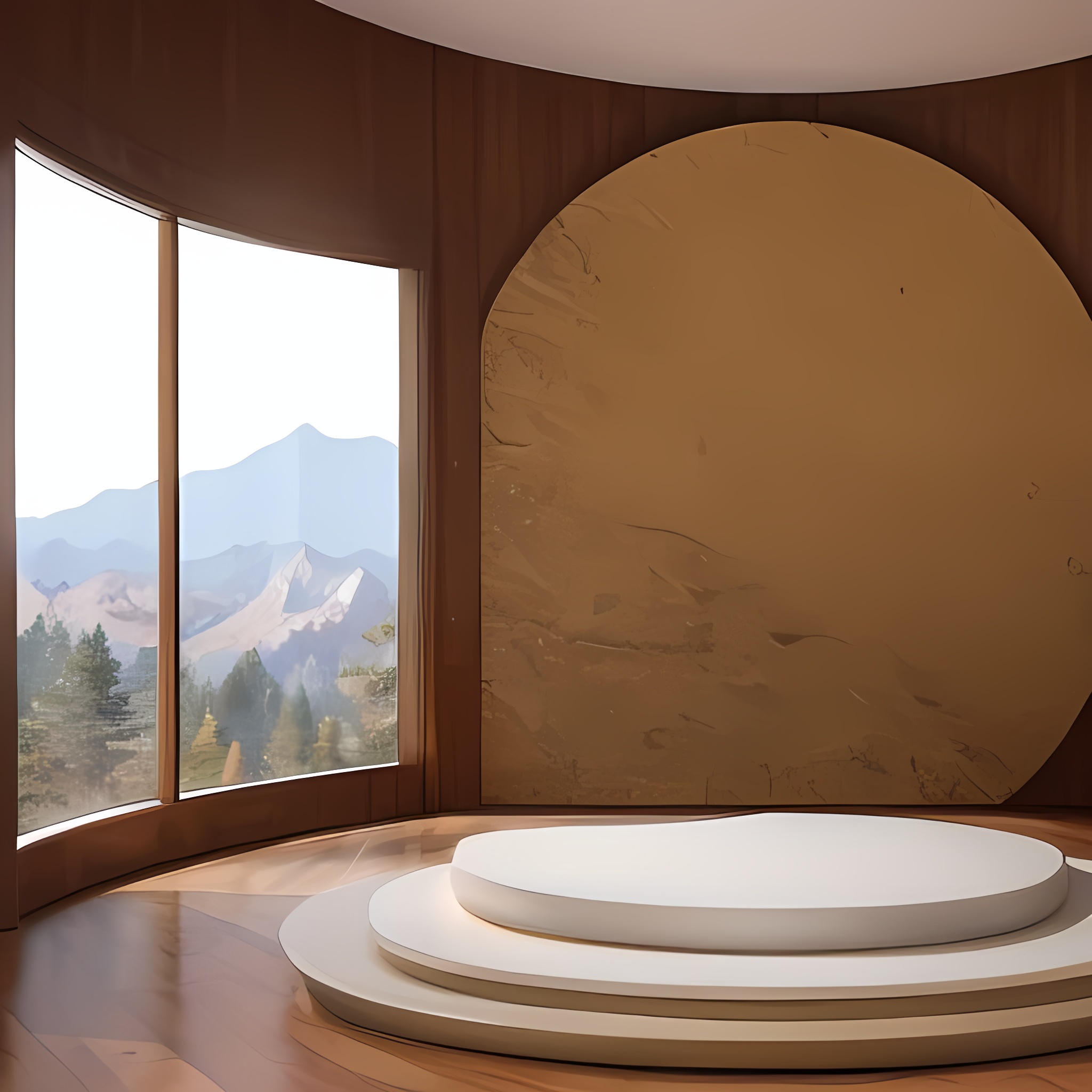 Minimalist chinese background,indoor,guest-greeting pine,round/square flat podium,Mountain,studio lights,stone,A circular screen with a mountain design/A solid color screen,A solid wall/A wall with a mountain pattern,empty flat podium,(best quality:1.2),(extremely detailed CG unity 8k wallpaper) <lora:zhantai-003-000006:0.7>