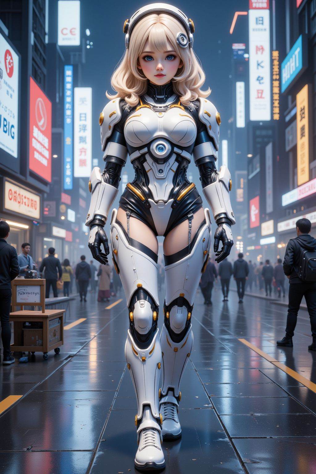 full body, 1girl, solo, blonde hair, blue eyes, looking at viewer, breasts, bodysuit, armor, boots, joints, headgear, science fiction, robot joints, parted lips, hair ornament, cyber city, cyberpunk,