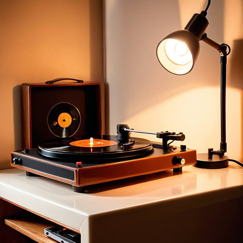 scenevintarecor,  a ceramic coffee mug,  vintage record player corner on Tensor.Art