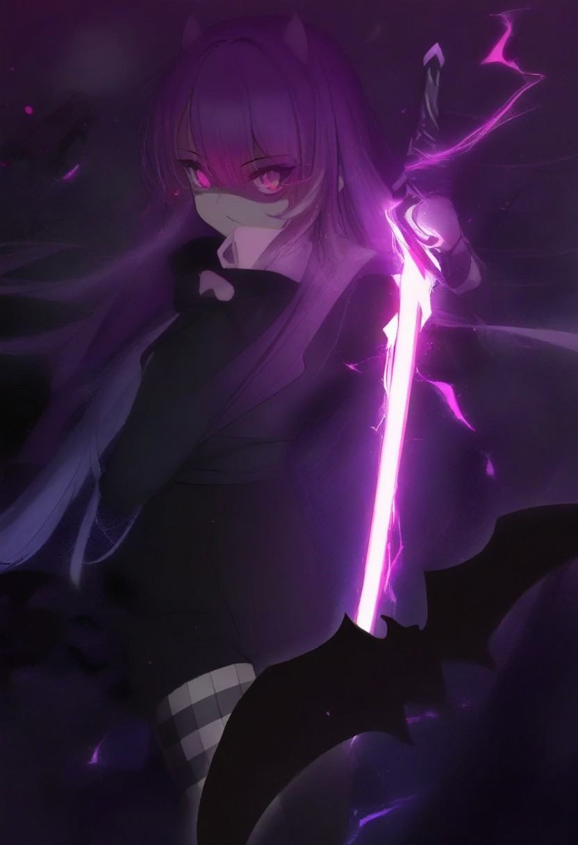 TSMPK Style,1girl,[artist:WANKE|artist:free_style |[artist:ningen_mame]|ciloranko],tokoyami towa,mesugaki,devil,sensitive,dark theme,glowing eyes,silhouette,sword