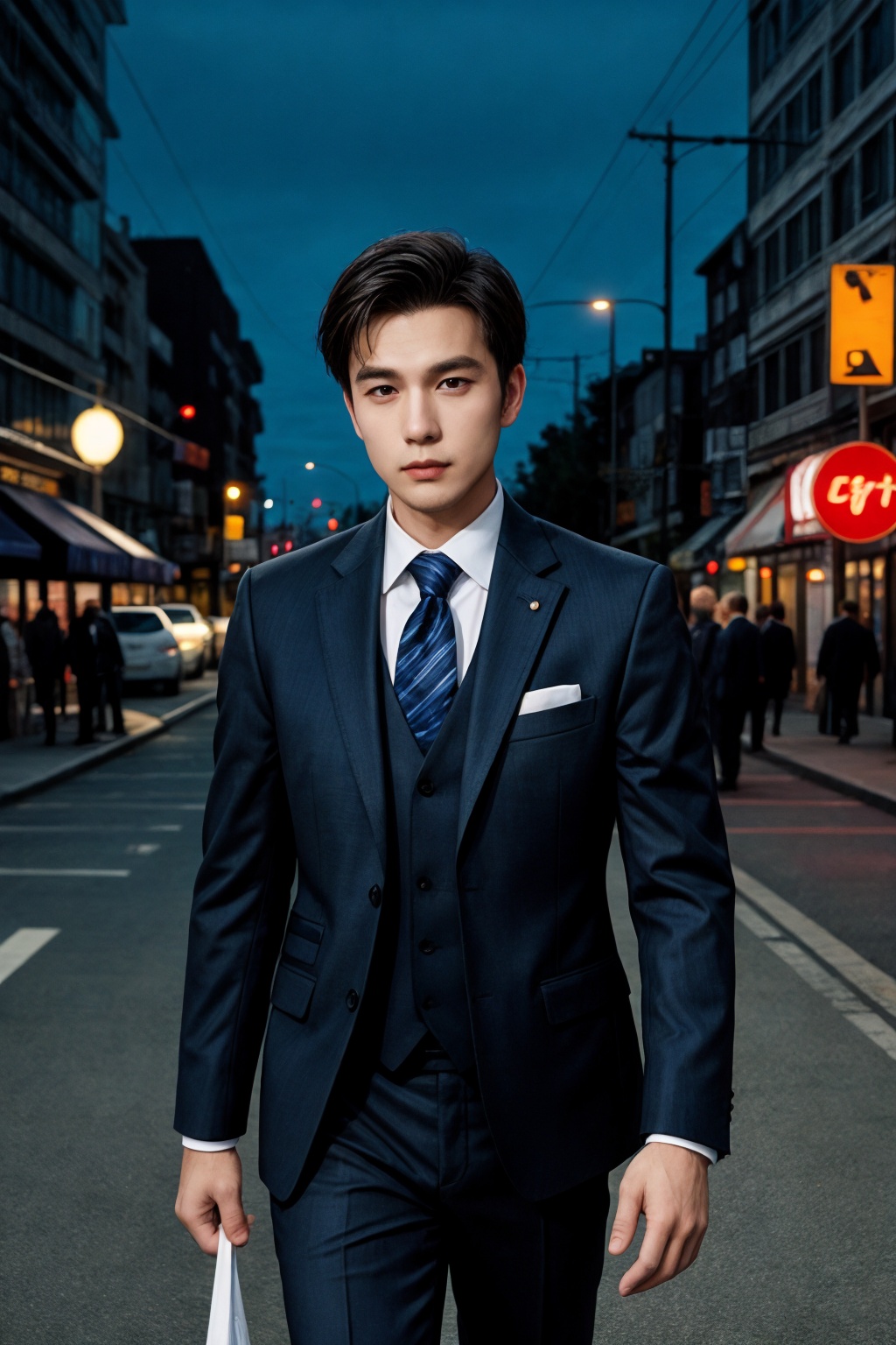 man in suit,night city street,