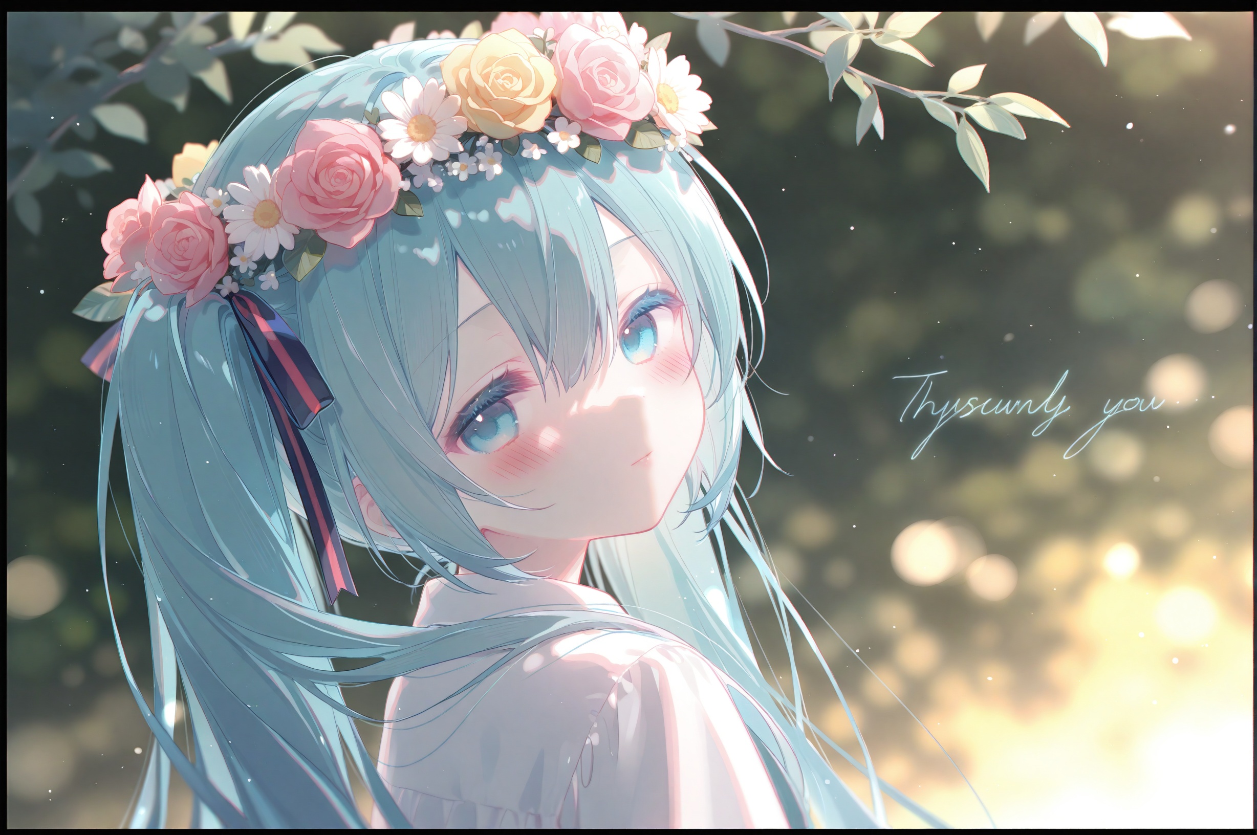 masterpiece,very aware,highres,absurdres,newest,best quality,loli,petite,high quality,chromatic_aberration,cinematic_angle,dutch angle,nyalia,//,umehara,//,1girl,hatsune miku,solo,flower,long hair,hair ornament,dappled sunlight,branch,red flower,rose,leaf,blurry,white flower,hair between eyes,hair flower,red rose,aqua hair,aqua eyes,upper body,looking at viewer,blurry background,sunlight,depth of field,parted lips,head wreath,from side,portrait,ribbon,half-closed eyes,backlighting,english text,pink flower,closed mouth,flower wreath,sidelighting,blue eyes,hair ribbon,character name,yellow flower,blue hair,expressionless,outdoors,blush,shade,yellow rose,looking to the side,eyelashes,daisy,twintails,border,pink rose,looking up,plant,white rose,sideways glance,shirt,light particles,looking back,blue ribbon,tree shade,black border,day,close-up,light smile,very long hair,orange flower,bokeh,colored eyelashes,lips,shadow,head tilt,bloom,tree,light blush,miku day,