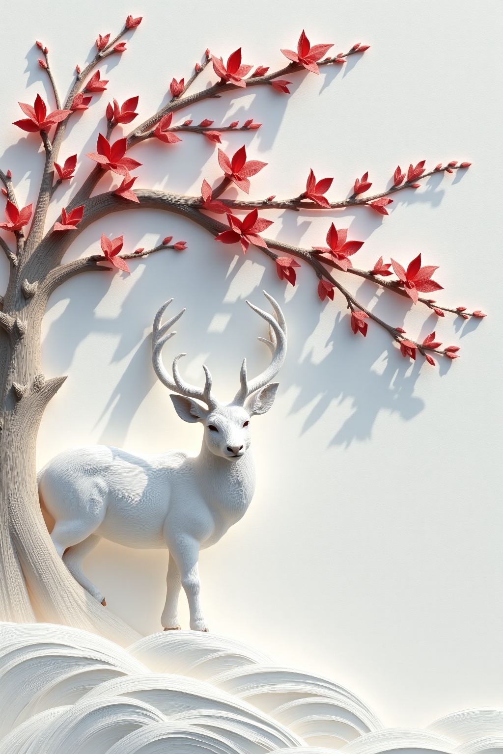 beijihui,a white deer stands in front of a tree with red flowers. The deer's head is facing towards the left side of the frame,and its eyes are slightly open. The tree casts a shadow on the white surface,adding a touch of depth to the scene. The red flowers add a splash of color to the image,adding depth to its composition.,