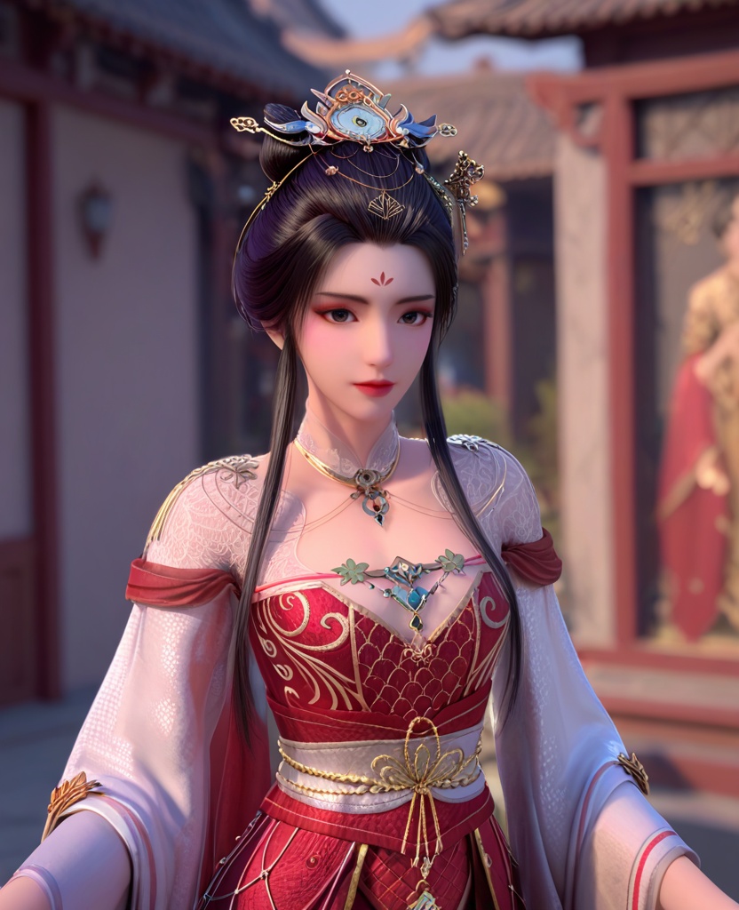 (oriental architecture, elegant decor, sophisticated style:1.1),(practicing ballet,grand jete:1.1),(breasts:1.2),<lora:XL暗河传医者白鹤淮:0.95>,miss baihehuai,chinese clothes,detached collar,red corset,red overskirt,hair bun,black hair,hair ornament,hanging hair,forehead mark,black eyes,shoulder mesh,jewelry,floral print,, score_9,score_8_up,score_7_up,score_6_up,score_5_up,score_4_up,3d rendering,tag1,tag2, Cinematic Lighting,backlighting,