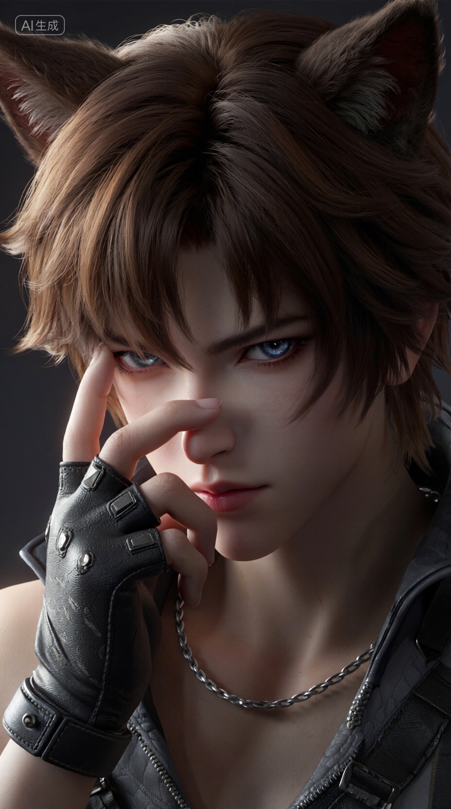 3D角色设计半身特写,一个棕发猫耳的年轻男性角色微微低头,眼神锐利地凝视着镜头,强烈的明暗对比,他的左手戴着黑色战术手套,手指微曲,优雅地置于脸前,构成前景,强烈的背光勾勒出他头发和身体的轮廓,戏剧性的光影和浅景深效果共同营造出一种神秘而冷峻的氛围,PBR写实渲染,3D角色设计,戏剧性光影,浅景深,高精度雕刻模型,棕发少年,毛发系统,电影感调色,4K高清纹理,, Negative prompt: ng_deepnegative_v1_75t,(badhandv4:1.2),EasyNegative,(worst quality:2),,nsfw, Steps: 40, Sampler: Euler, CFG scale: 1.0, Seed: 1585965214, Size: 928x1664, Model hash: 98763a1277, Model: Qwen-Image_1.0.safetensors, Denoising strength: 0, RNG: CPU, Lora 1: 【摸鱼】3D, Lora Hash 1: 2106c5bf96, Lora Weight 1: 0.8, Lora 2: 【摸鱼】3D电商渲染级KV海报_创意视觉表达, Lora Hash 2: ce1227b095, Lora Weight 2: 0.4, Lora 3: Qwen-Image-Lightning-8steps-V1.1-bf16.safetensors, Lora Hash 3: fe04c3ec1d, Lora Weight 3: 0.6, vae_name: automatic