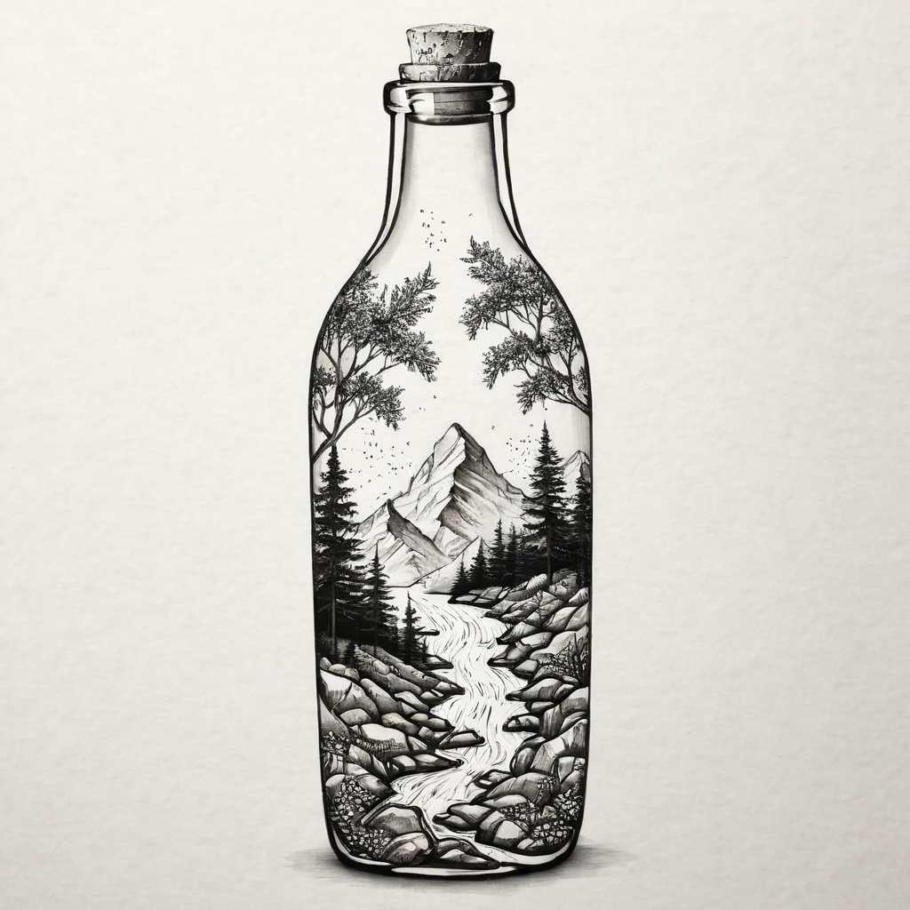 drawing of a minimalist landscape tattoo,  landscape inside of a bottle on Tensor.Art