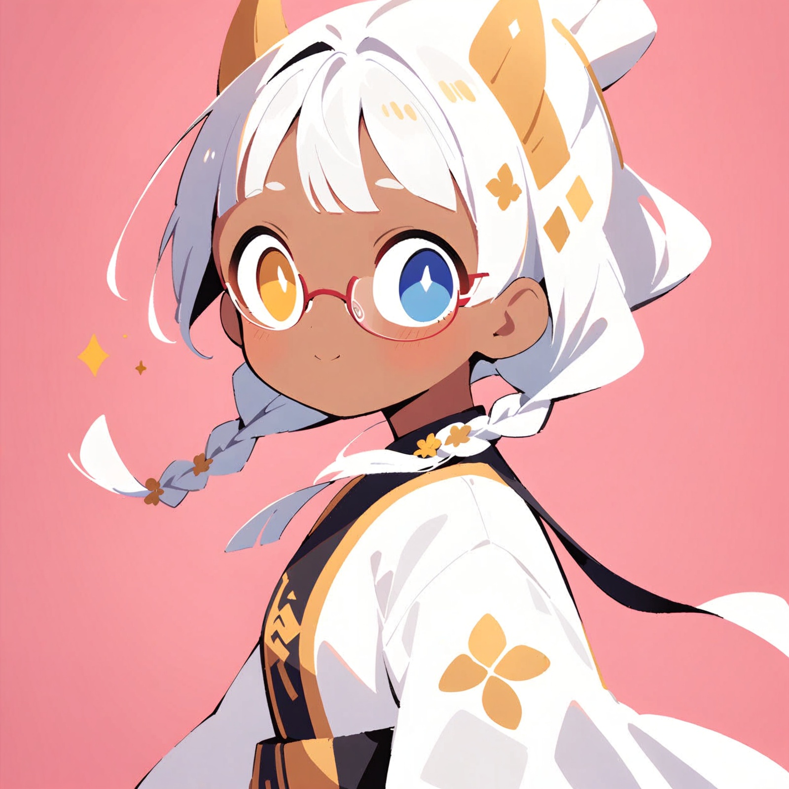 1girl, bangs, blue_eyes, blunt_bangs, braid, dark-skinned_female, dark_skin, glasses, heterochromia, horns, long_hair, long_sleeves, looking_at_viewer, pink_background, round_eyewear, semi-rimless_eyewear, shirt, simple_background, solo, twin_braids, upper_body, white_hair, white_shirt, yellow_eyes