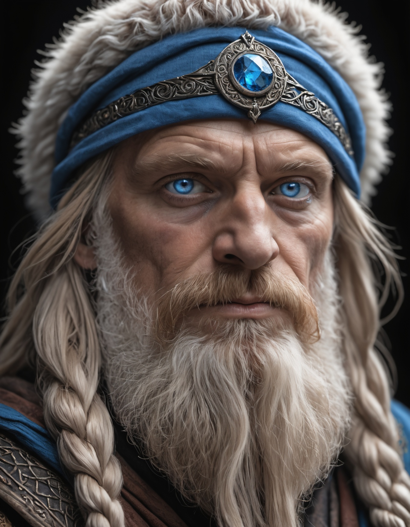 close-up portrait. Intricately detailed,  the portrait will capture his piercing blue eyes,  symbolizing wisdom and insigh...