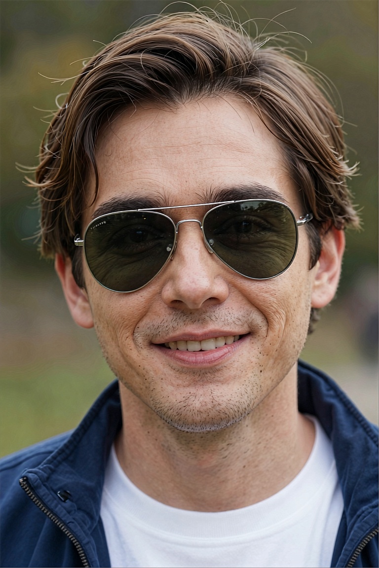 Photorealistic portrait in cinematic close-up style,  capturing an ***** male face partially obscured by aviator sunglasse...