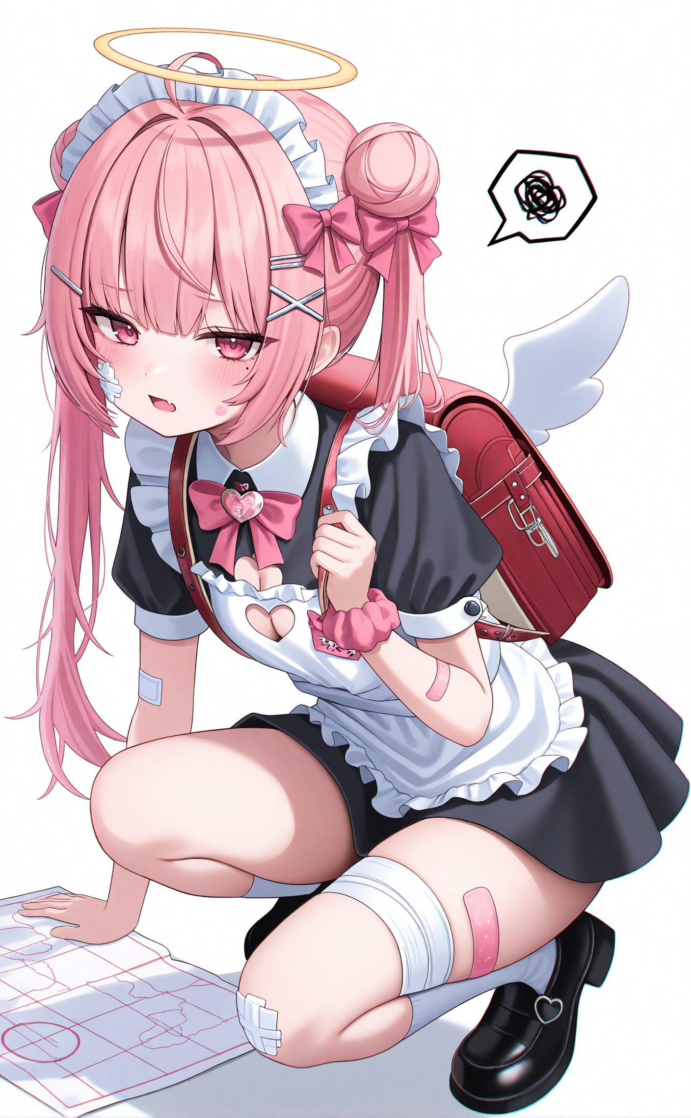 masterpiece,absurdres,best quality,loli,((petite)),high quality,chromatic_aberration,photorealistic,//,1girl, bandaid, solo, pink hair, backpack, hair bun, randoseru, bow, maid headdress, bandaid on leg, dress, cleavage cutout, squatting, pink bow, halo, bandages, hair ornament, bag, angel wings, squiggle, bandaged leg, clothing cutout, x hair ornament, black footwear, apron, breasts, maid, wrist scrunchie, wings, white apron, looking at viewer, spoken squiggle, bowtie, pink eyes, frills, long hair, short sleeves, white background, shoes, scrunchie, socks, blush, bandaid on arm, white socks, twintails, double bun, heart cutout, pink bowtie, hair bow, bandaid on knee, maid apron, black dress, ahoge, paper, name tag, map, simple background, gauze, heart, pink ribbon, hairclip, cleavage, jewelry, skin fang, frilled apron, fang, holding, mole <lora:12.17lczz new:0.8>